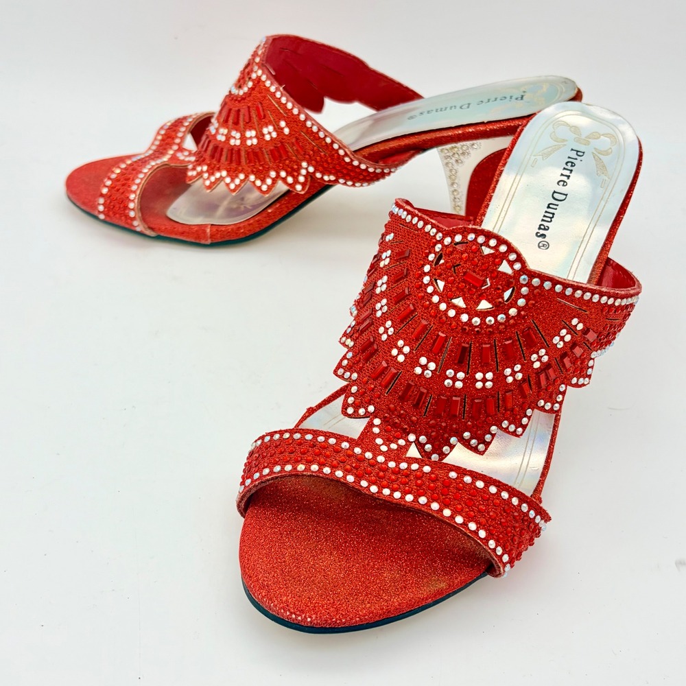 Pierre Dumas Eva Red Beaded Rhinestone Heels Mules 9M Glam Party Club Evening - Picture 2 of 9